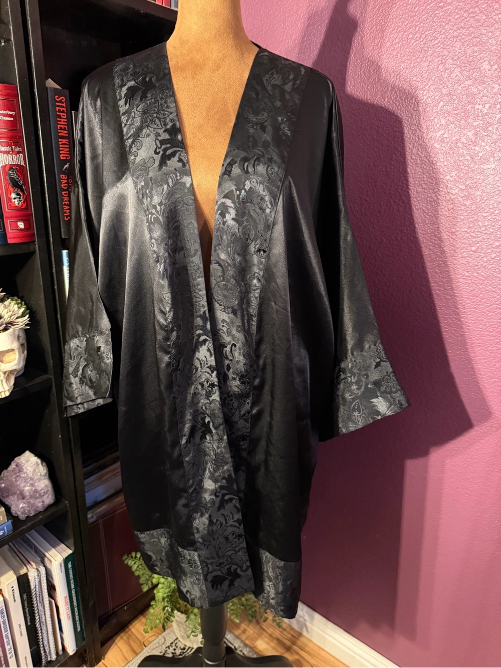 Black Satin Floral-Trim Kimono Robe - Women Intimates & Sleepwear